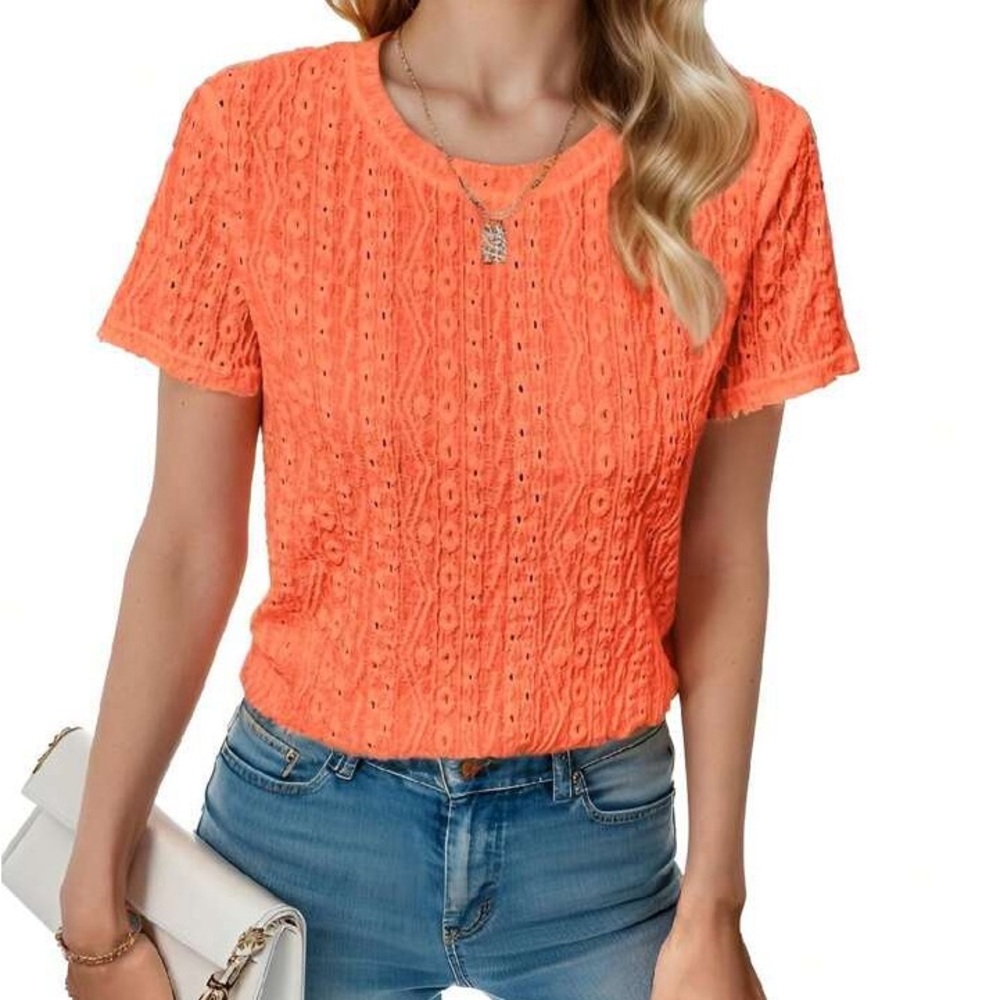 Women's Crew Neck Short Sleeve Eyelet Embroidery